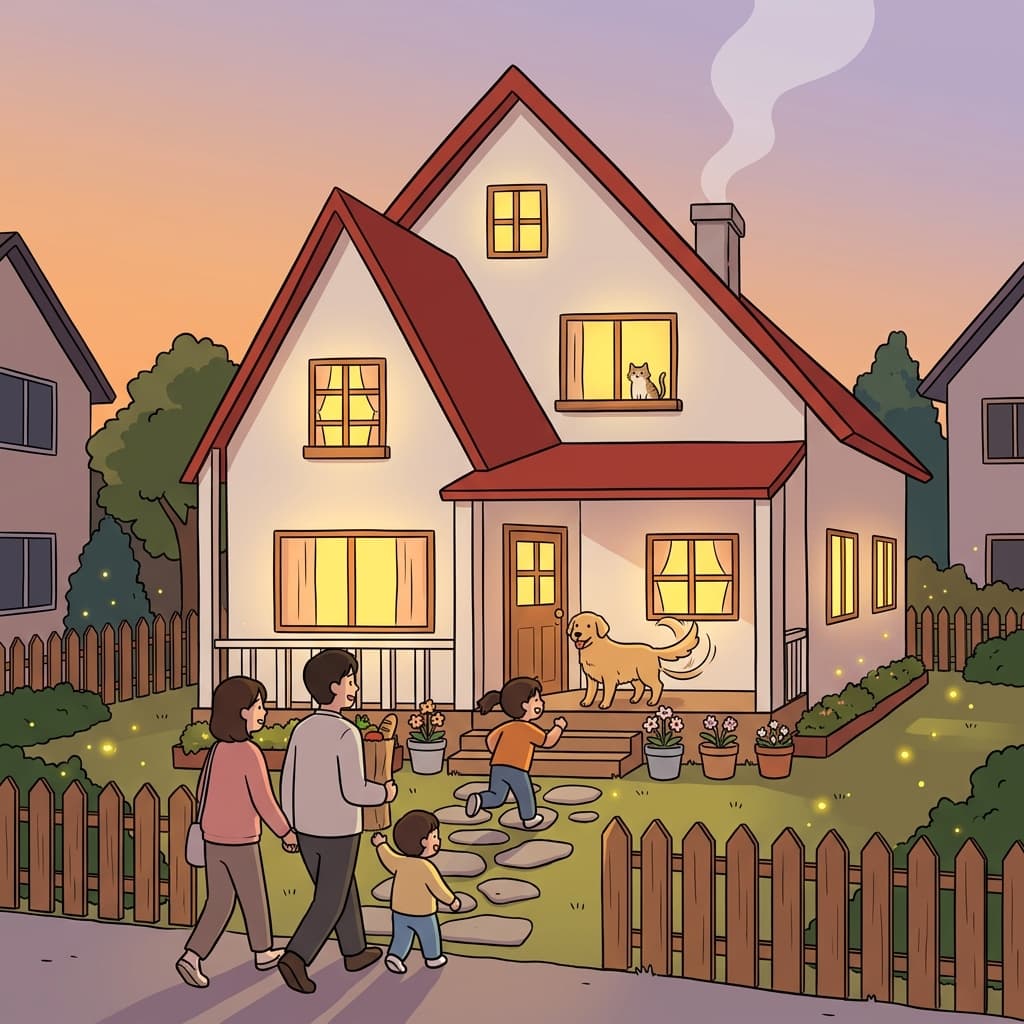 A cozy suburban house glows warmly at dusk as the family returns home.