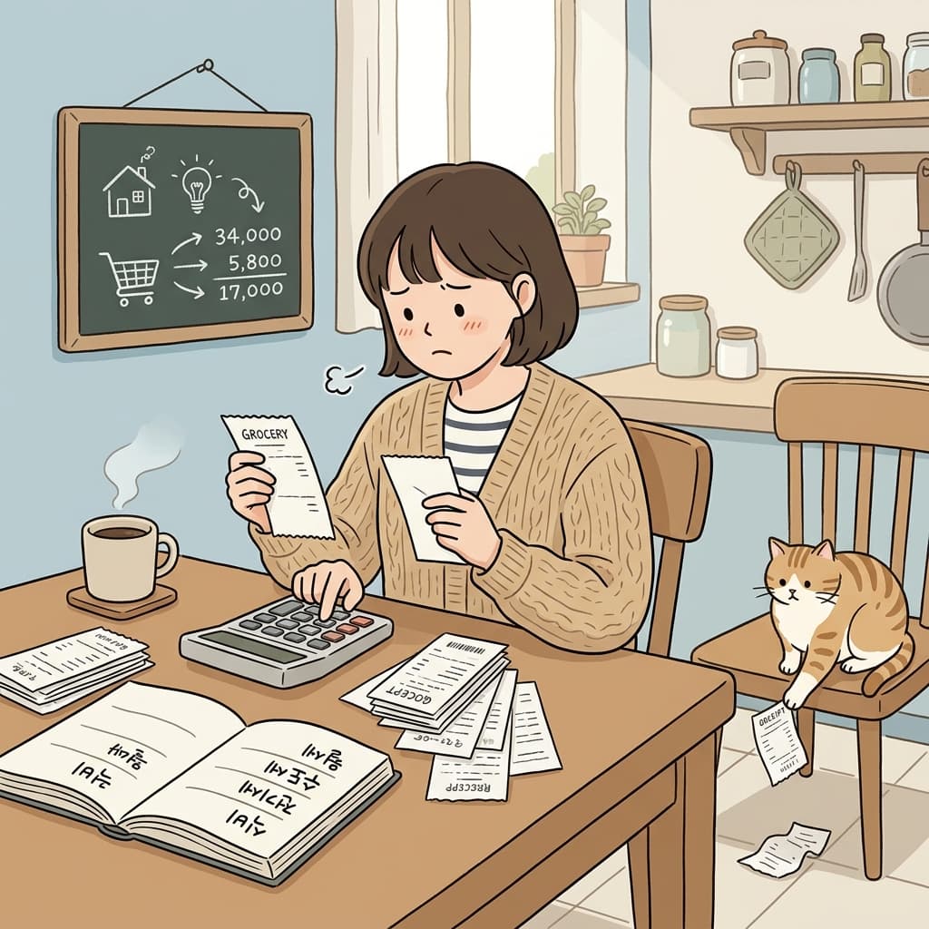 She tracks household expenses at the kitchen table every Sunday morning.