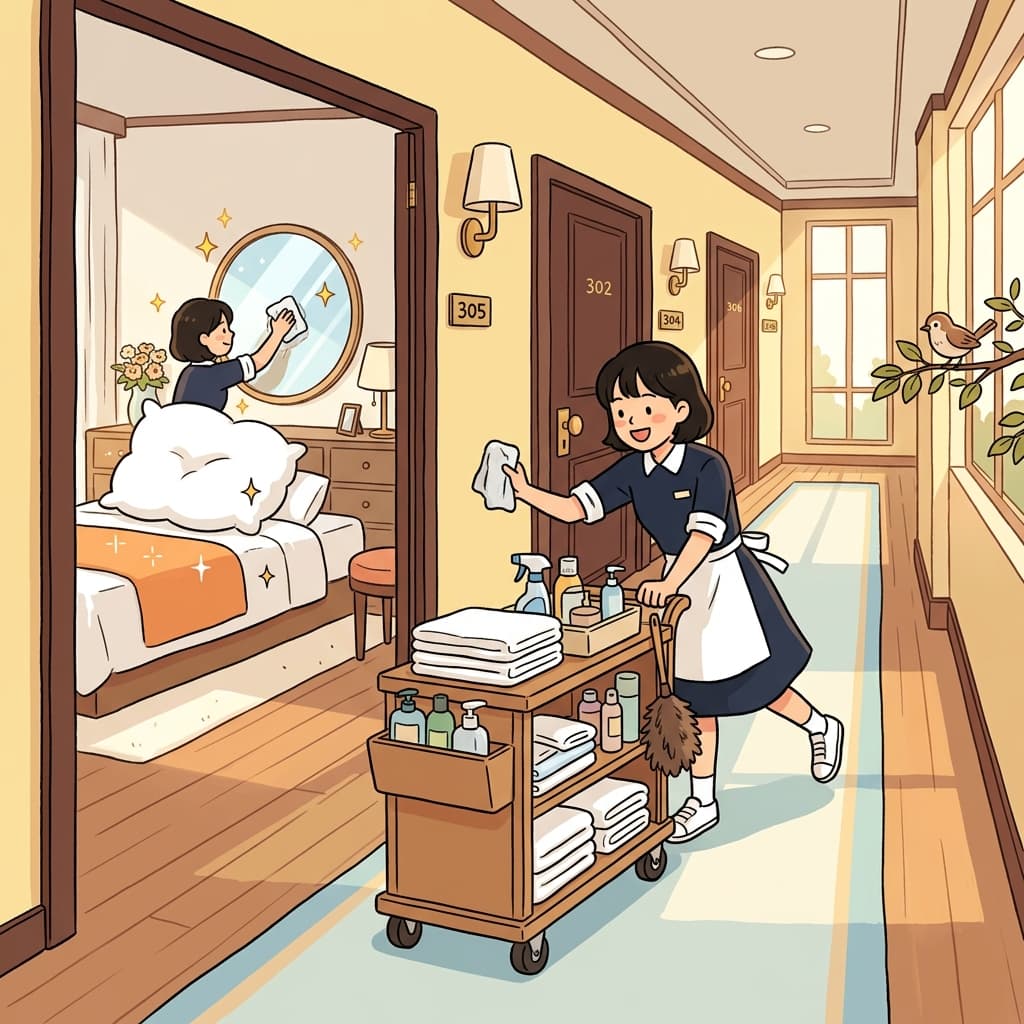 Every morning she handles the housekeeping before the guests wake up.