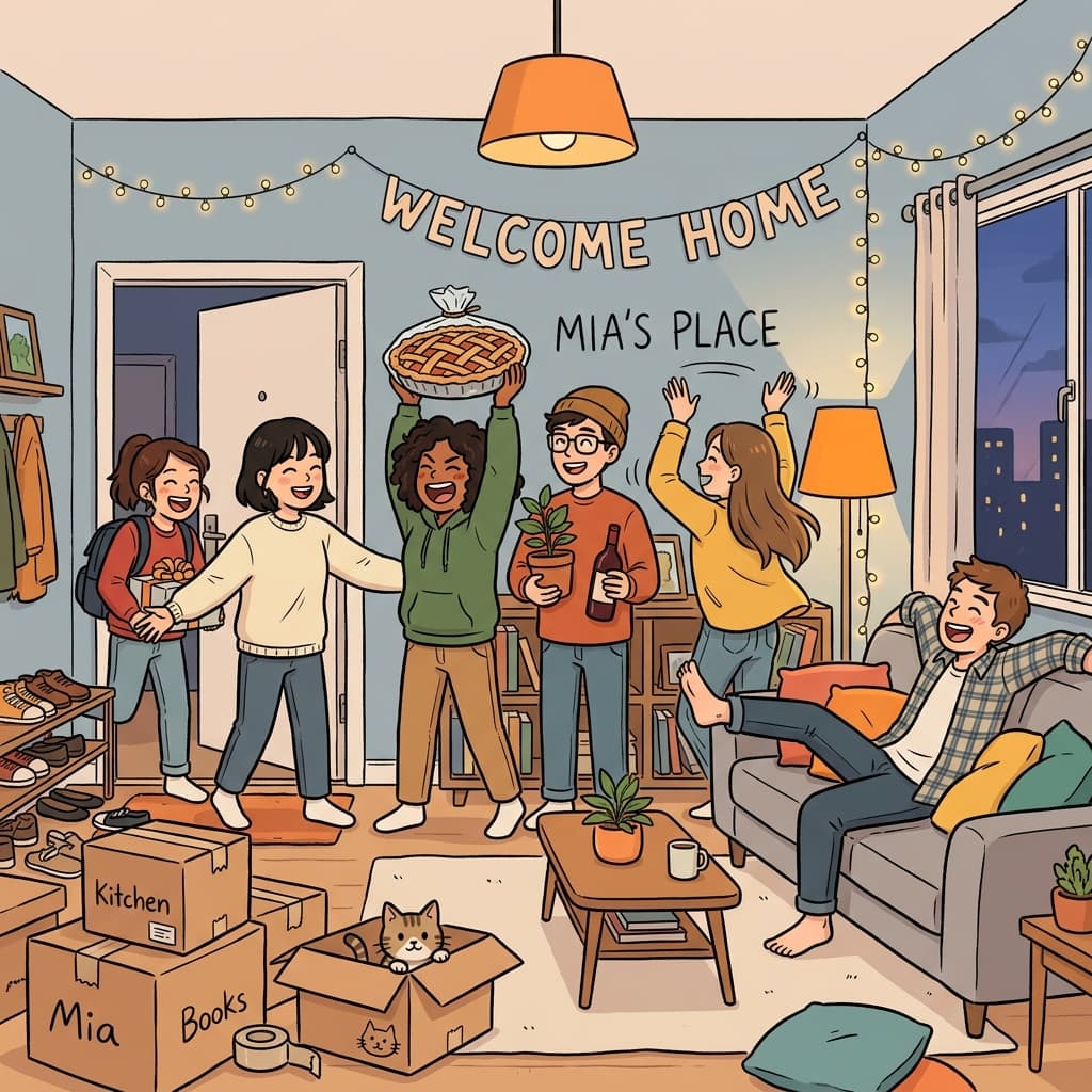 Friends bring gifts to celebrate Mia's housewarming in her new apartment.