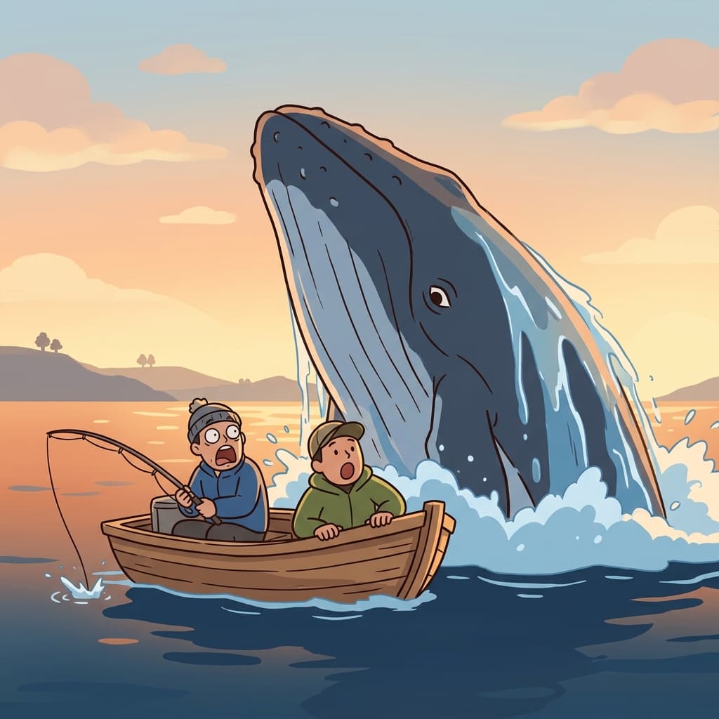 The huge whale surfaced right next to their tiny fishing boat.