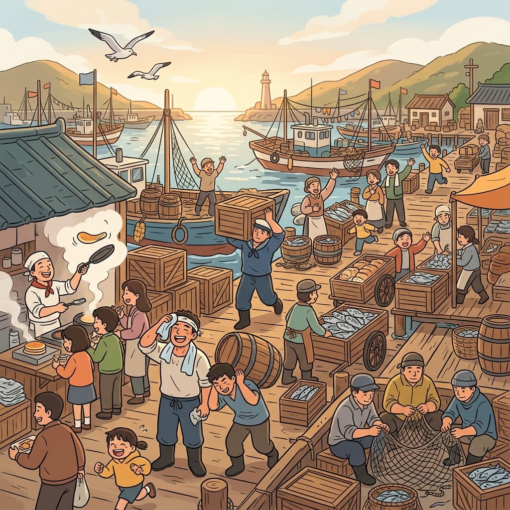 Bustling human activity fills the harbor as workers load crates and merchants haggle at dawn.