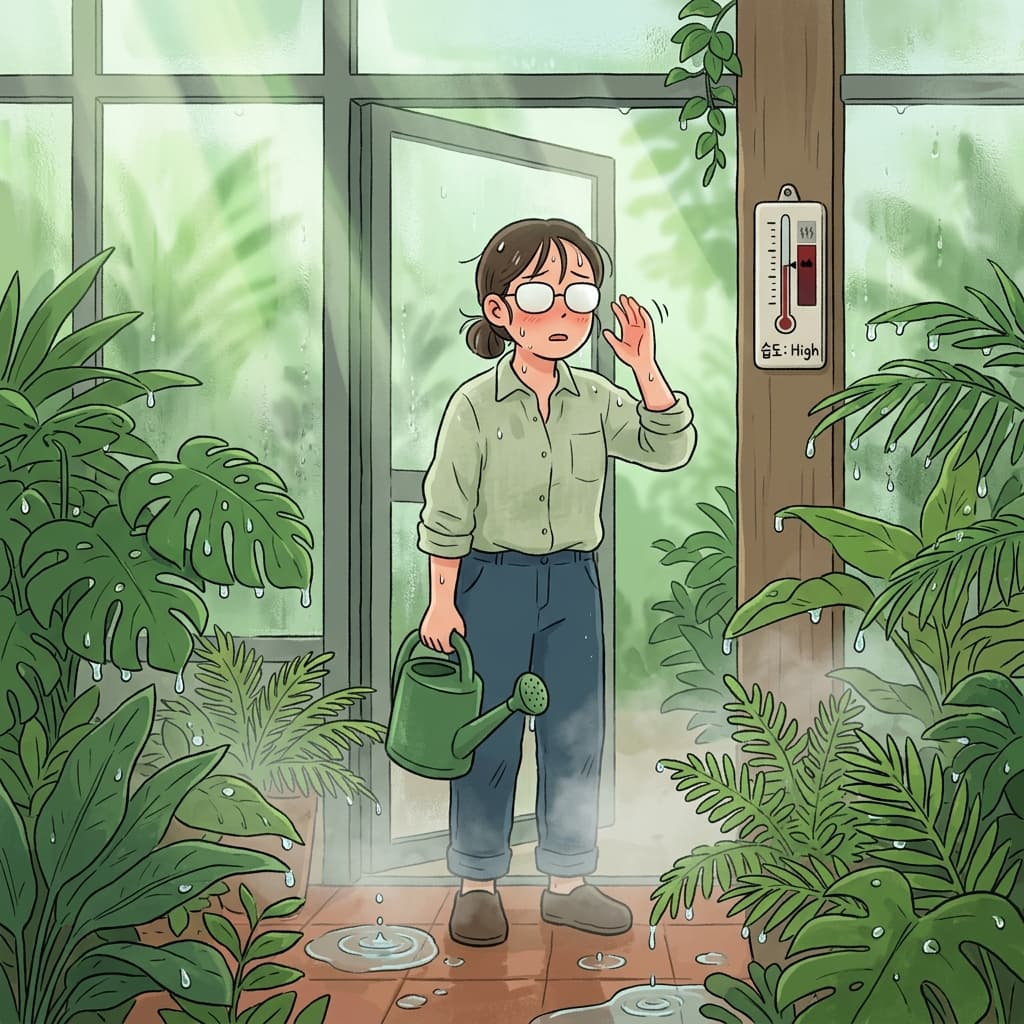 The greenhouse air is so humid that water drips from every leaf.
