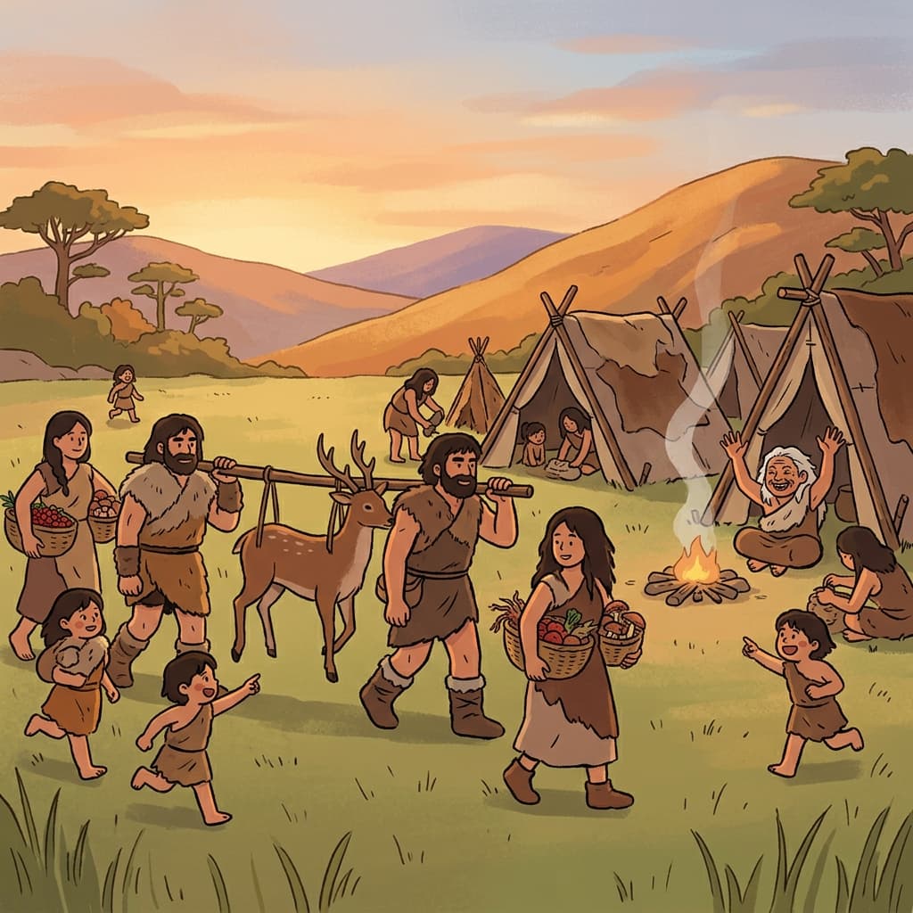 The hunter-gatherer tribe returns to camp with berries and a wild deer.