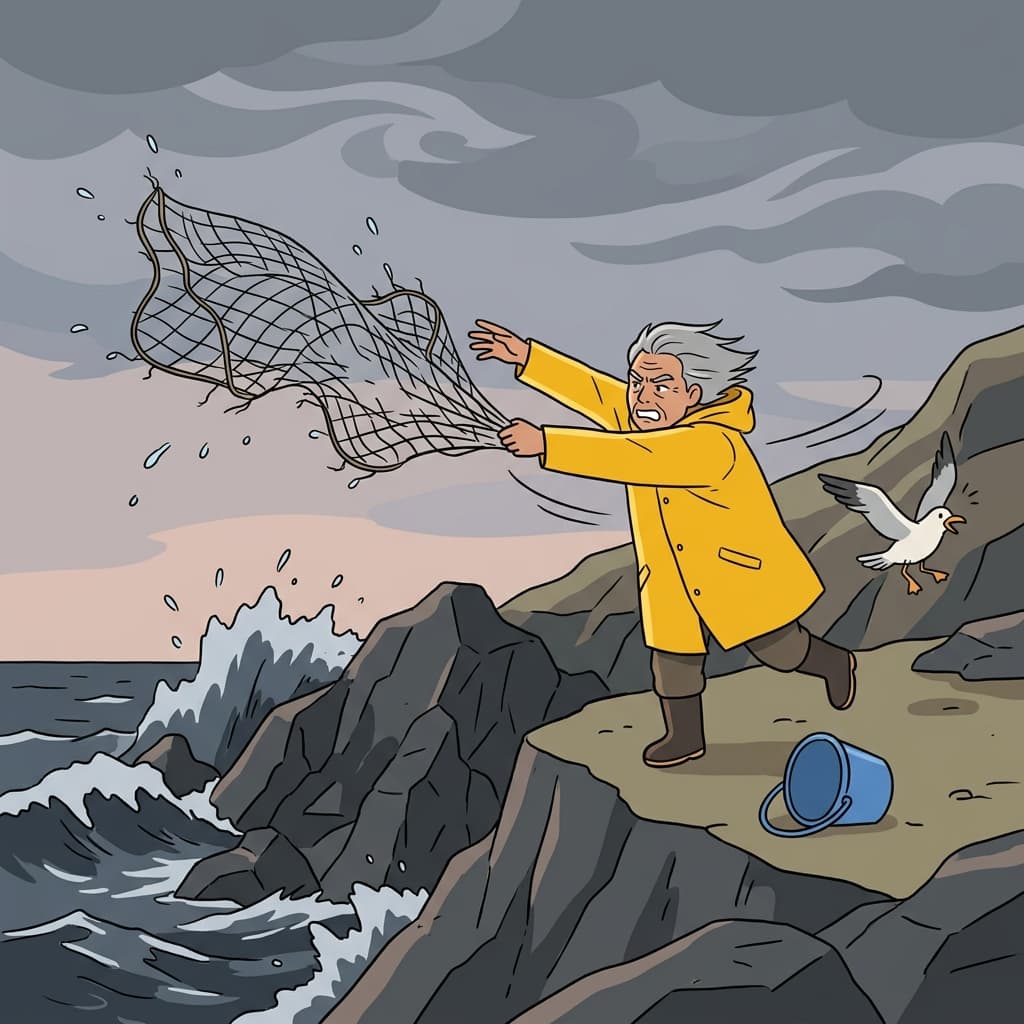 The angry fisherman hurled his broken net into the stormy sea.