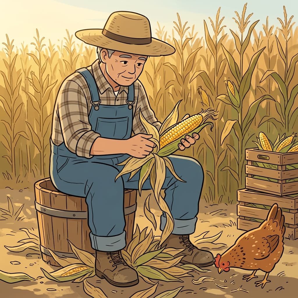 The farmer peels back the husk to reveal golden corn kernels inside.