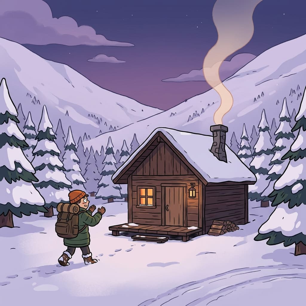 A tiny wooden hut stands alone in the snowy mountains.