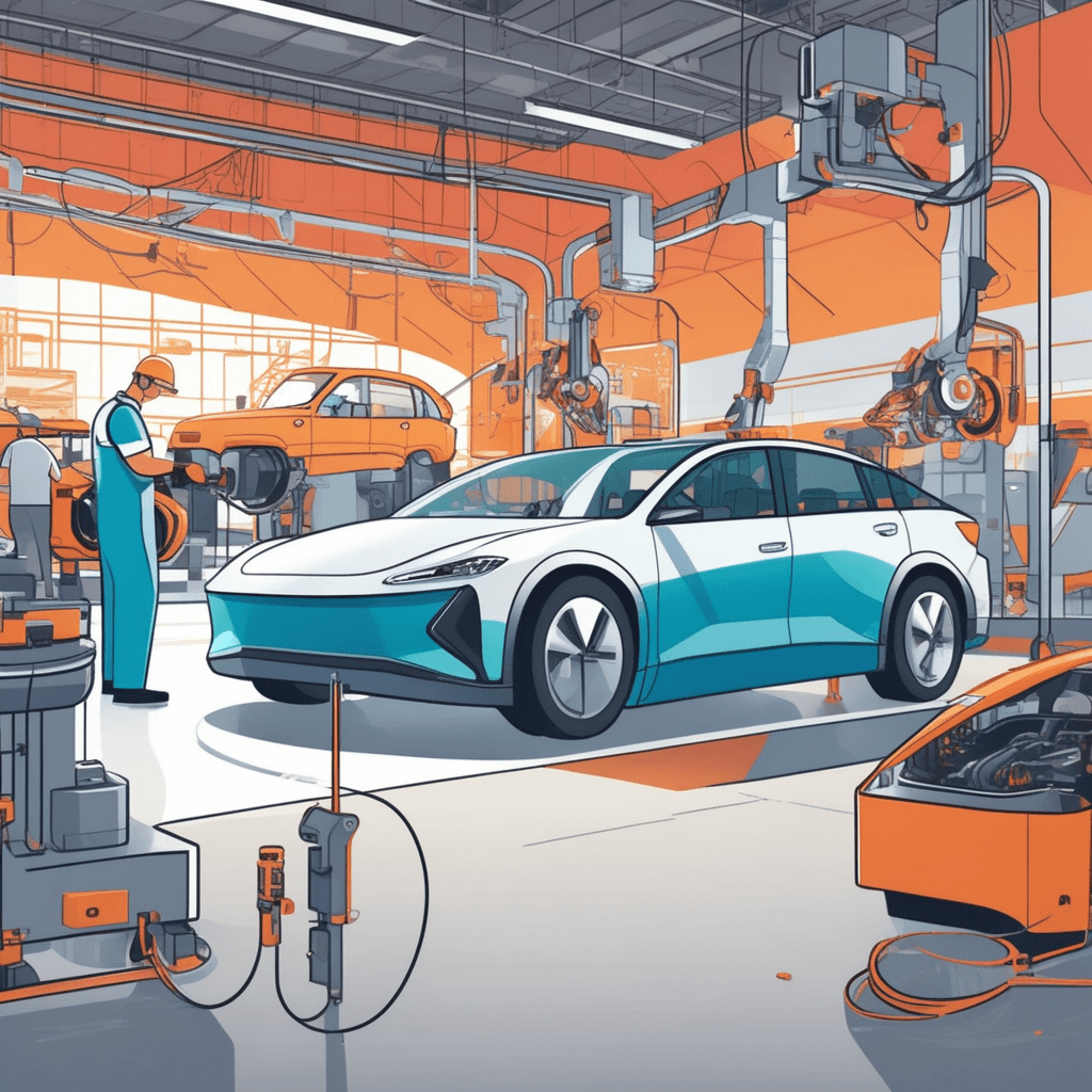 two automotive engineers stand proudly next to a sleek car that combines both a gasoline engine and electric motor. One engineer points to the traditional engine compartment while the other indicates the battery pack underneath. The vehicle displays both fuel intake and electric charging ports on its exterior. Nearby workers examine blueprints showing how the two power systems work together seamlessly. a thing made by combining two different elements into a mixture