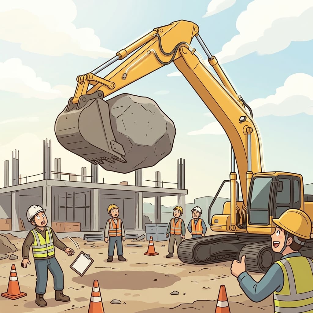 The hydraulic excavator lifts a massive boulder with smooth, powerful arms.