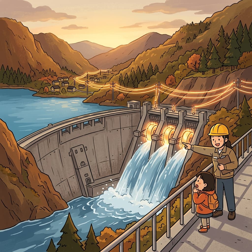 The hydroelectric dam turns rushing river water into electricity for the whole valley.