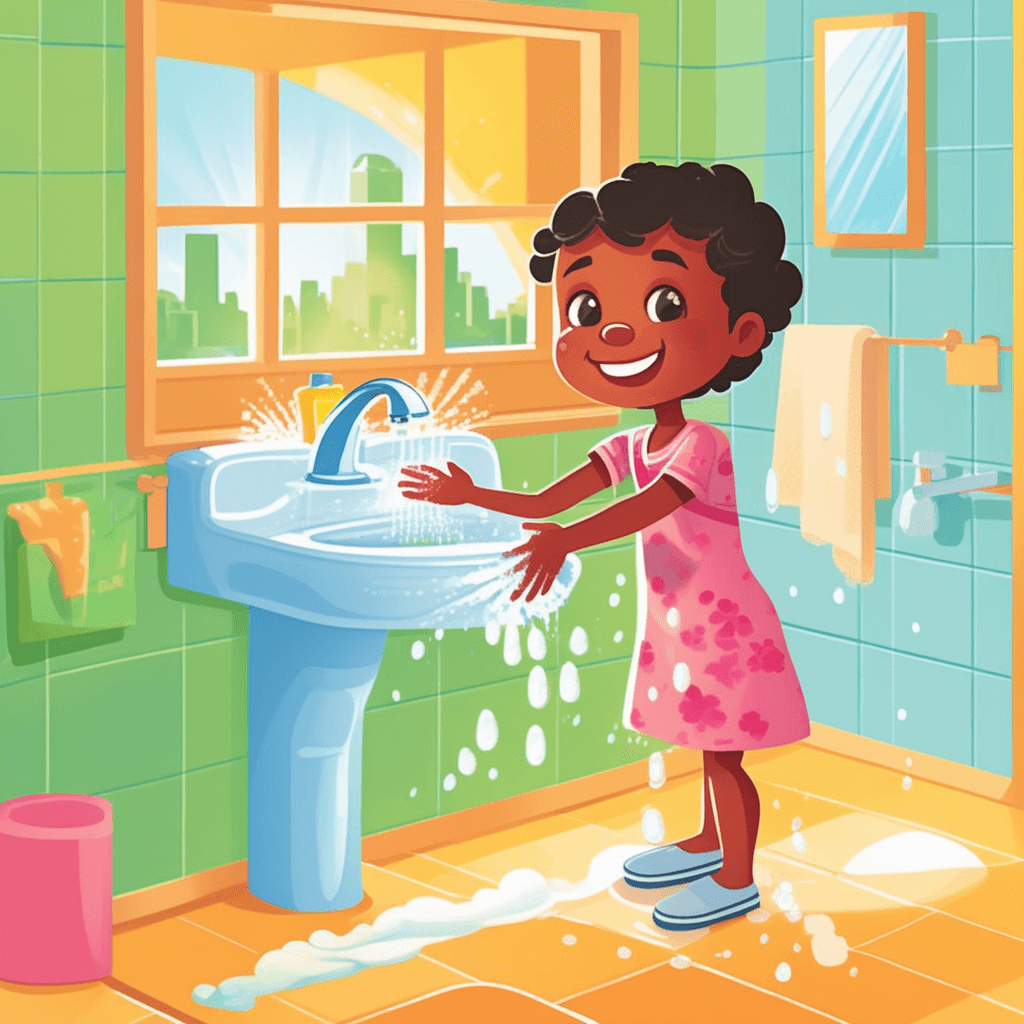 A hygiene routine showing a child thoroughly washing hands with soap and water