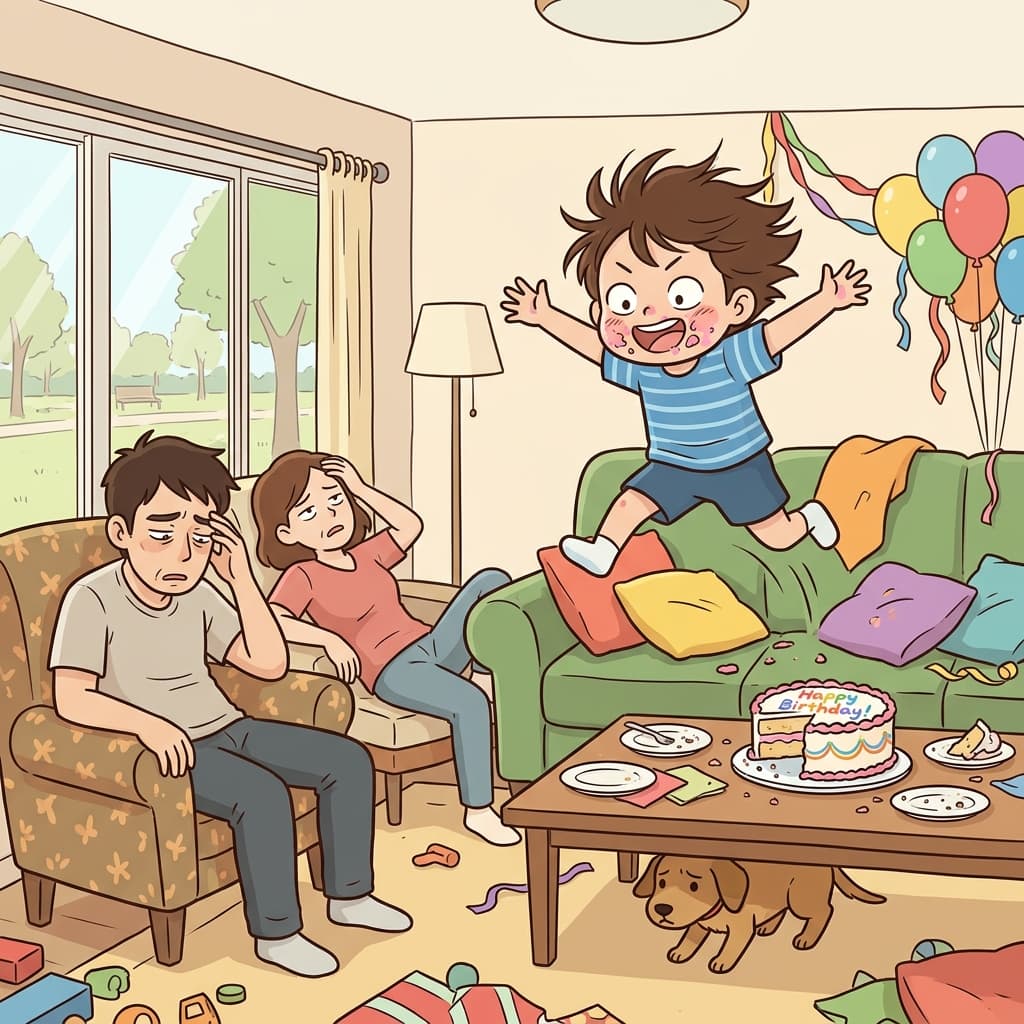 The kid went totally hyper after eating three slices of birthday cake.