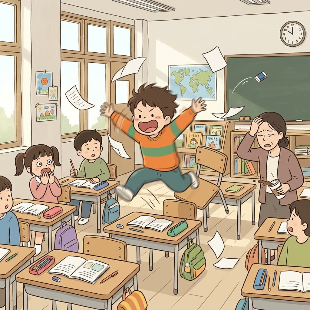The boy's hyperactivity turned the quiet classroom into pure chaos within seconds.