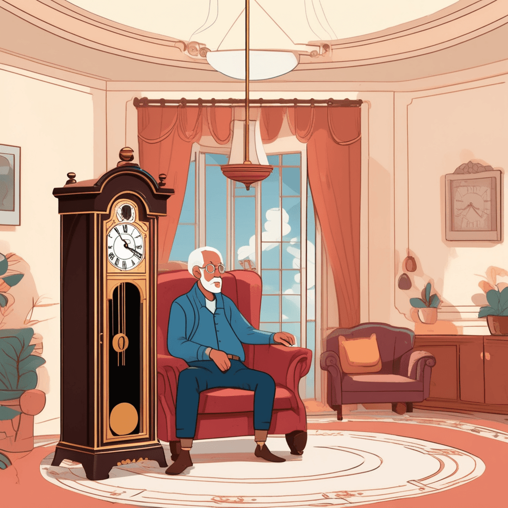 a person sits in an armchair staring intently at a large swinging pendulum of an ornate grandfather clock. Their eyes follow the pendulum's steady back-and-forth motion with complete focus. The rhythmic swinging motion gradually causes the person's eyelids to become heavy and droopy. Their head starts to tilt slightly as they become more and more entranced by the movement. A cat nearby also watches the pendulum with the same mesmerized expression, its head swaying gently. The room's warm lighting creates a drowsy, peaceful atmosphere that enhances the trance-like state. the fascinating and mesmerizing effect that captures complete attention