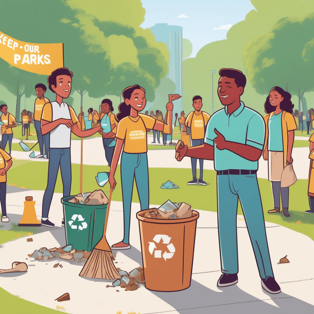 a smartly dressed person holds up a "Keep Our Parks Clean" banner while speaking passionately to other volunteers. The same person secretly drops candy wrappers and a soda can behind their back onto the grass. Other volunteers notice the litter falling and point with confused expressions. Some volunteers shake their heads while picking up the trash the speaker just dropped. a person who claims to have moral standards about cleanliness while their own behavior does not conform to those beliefs