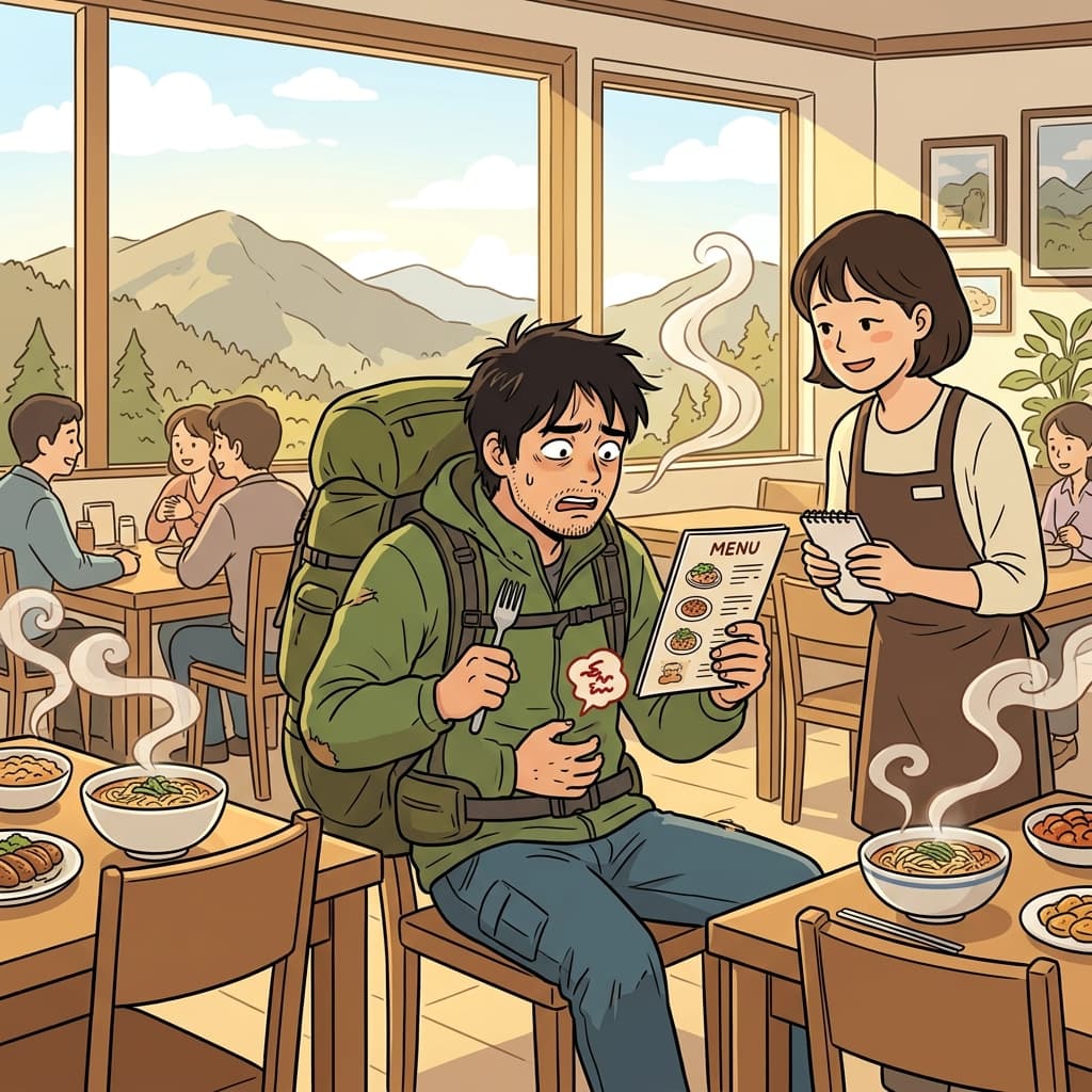After hiking all morning, he groaned 'I'm starving' and stared at the menu.