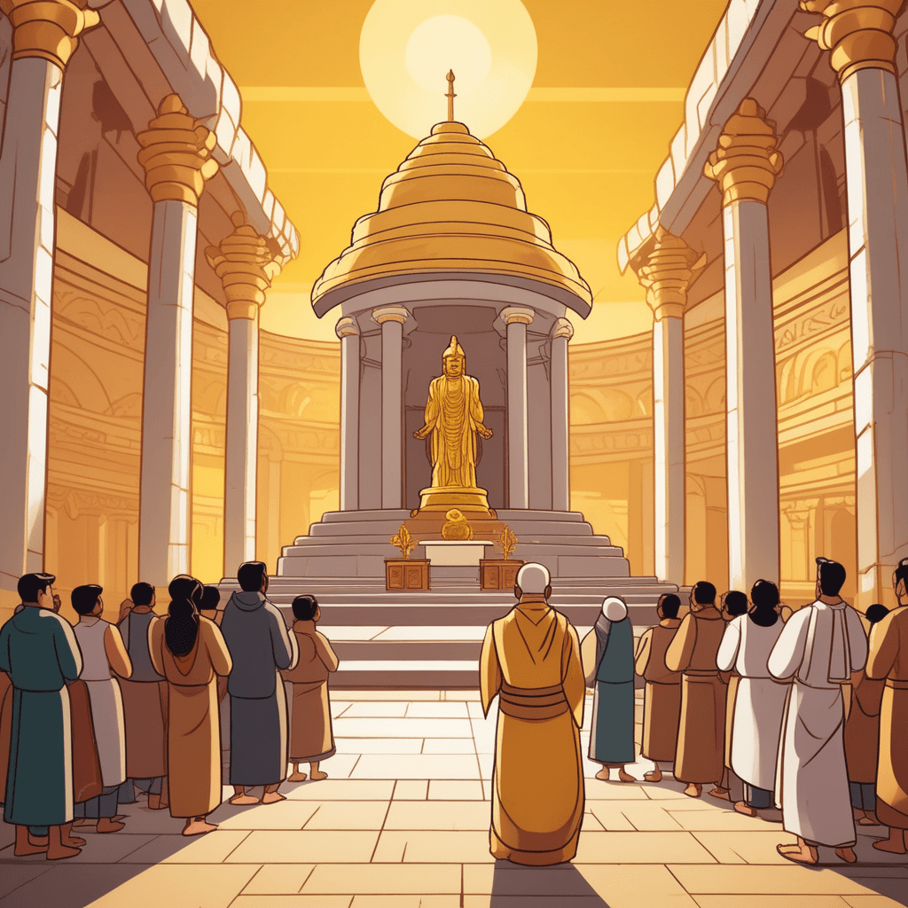 a group of people kneel before a large golden statue with their hands pressed together in prayer. They bow deeply with their faces touching the ground in complete submission. The worshippers have brought elaborate offerings of gold, jewels, and flowers piled high around the statue's base. Their devotion appears so intense that they ignore everything else around them, including a wise elder trying to get their attention. Other temple visitors watch with concern as the group continues their excessive worship. people worshipping idols and showing excessive admiration for something material