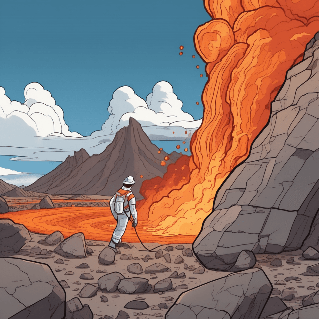 a geologist in protective gear points excitedly at bright orange lava flowing down the rocky slope. The molten lava glows intensely as it moves slowly across the dark volcanic ground. As the lava meets the cooler air, its edges begin turning from bright orange to dark gray and black. The outer layer hardens and cracks while the inner core still glows with heat. A second scientist nearby takes notes while observing the cooling process. Steam rises from the areas where the lava is solidifying into solid rock. rock being formed by the cooling and solidification of magma or lava