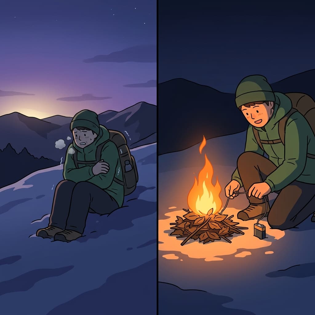 To survive the freezing night, he used a battery to ignite the dry leaves.