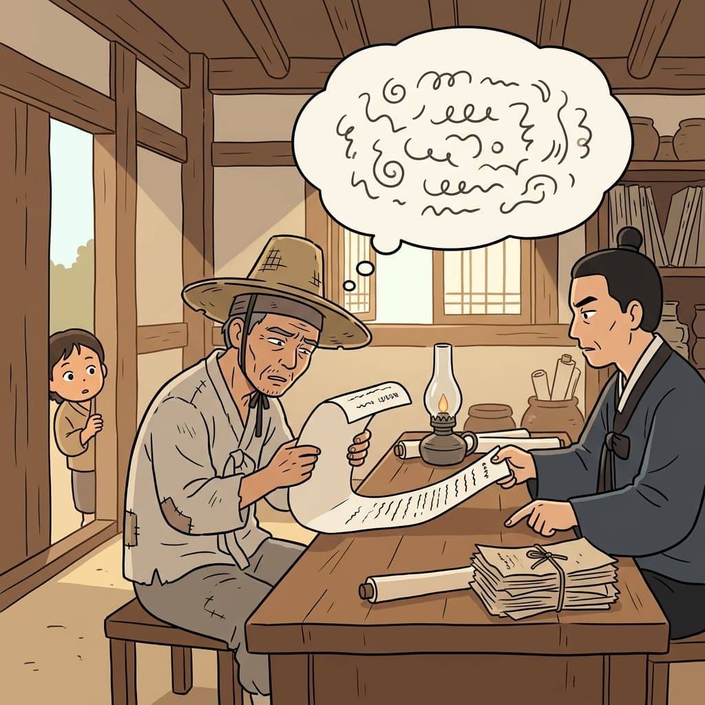 The illiterate farmer stares helplessly at the contract he cannot read.