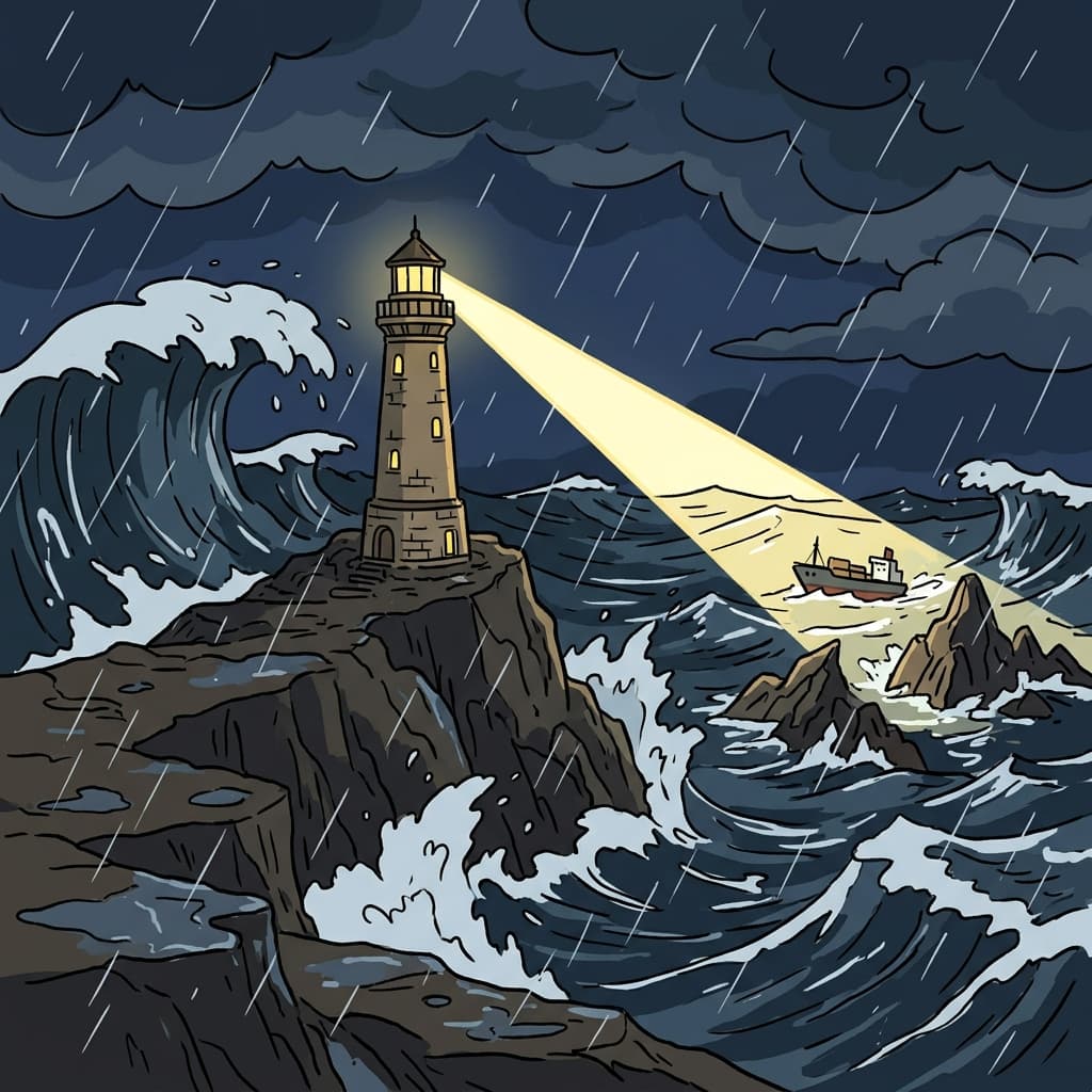 The lighthouse illuminated the rocky coast during the storm.