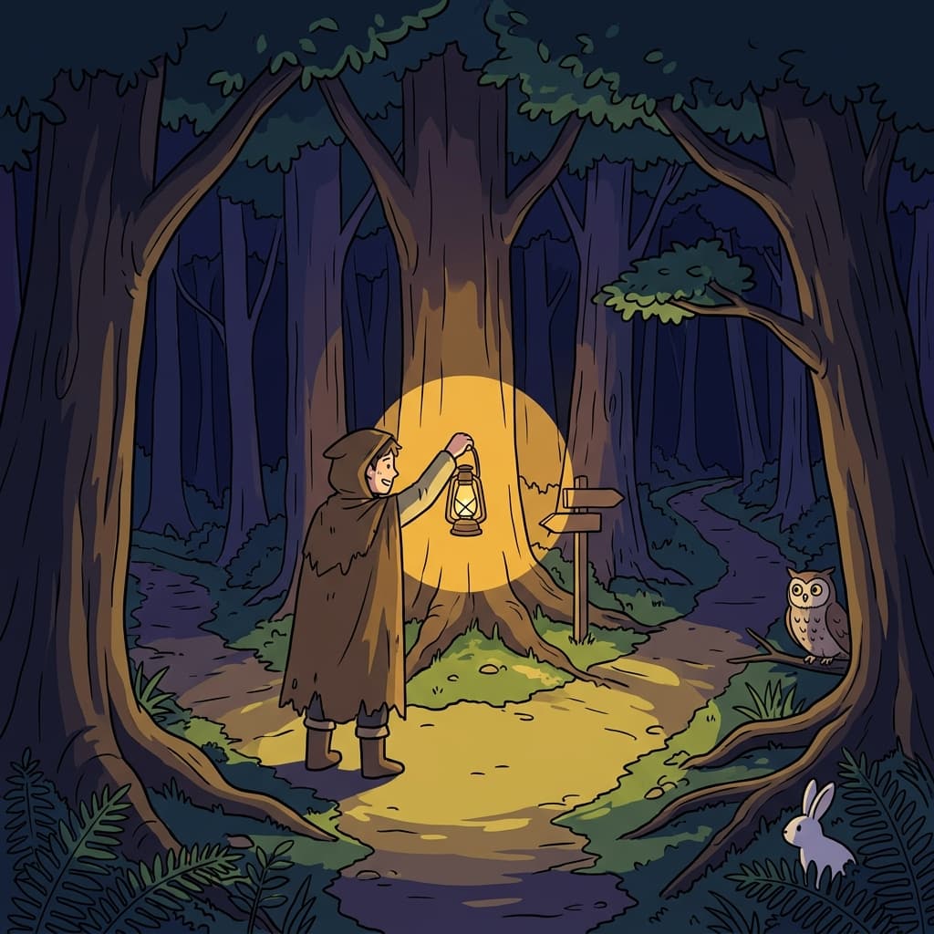 A single lantern's illumination guides the lost traveler through the dark forest path.