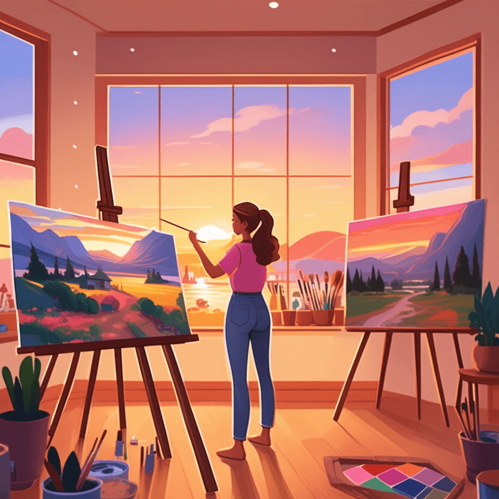 The artist creates a beautiful painted image of the sunset