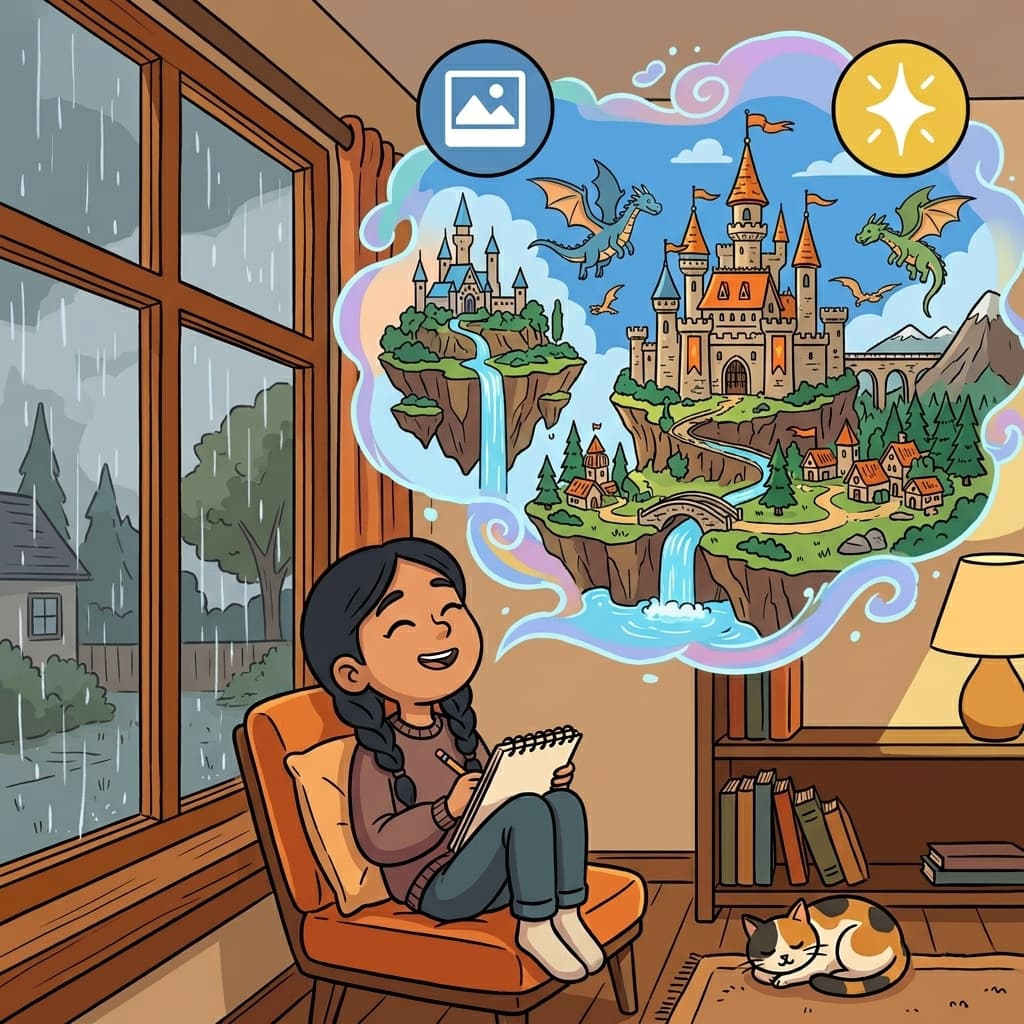 The imaginative girl created an entire fantasy kingdom in her mind. (IMAGE + CREATIVE = IMAGINATIVE → able to create vivid images and ideas in the mind)