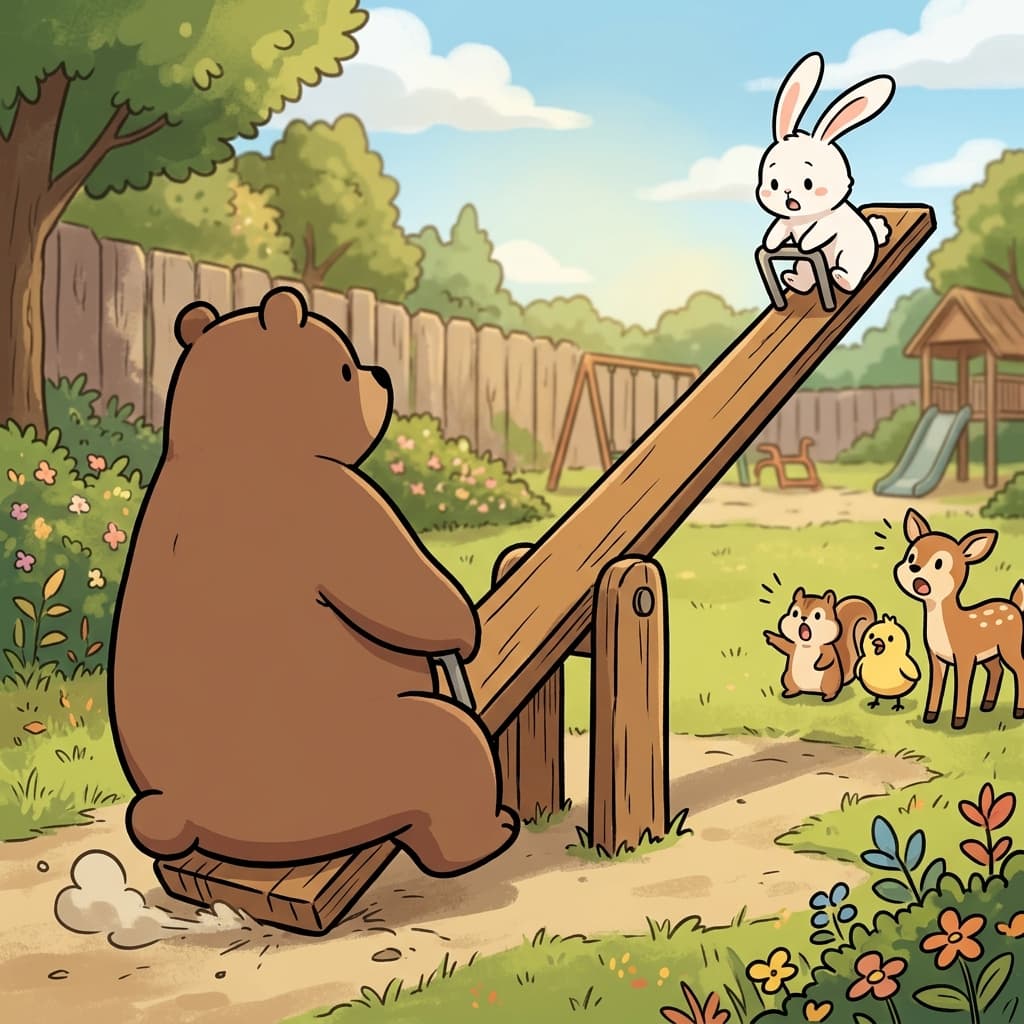 The seesaw tilts hard when the huge bear sits opposite the tiny rabbit, showing a clear imbalance.