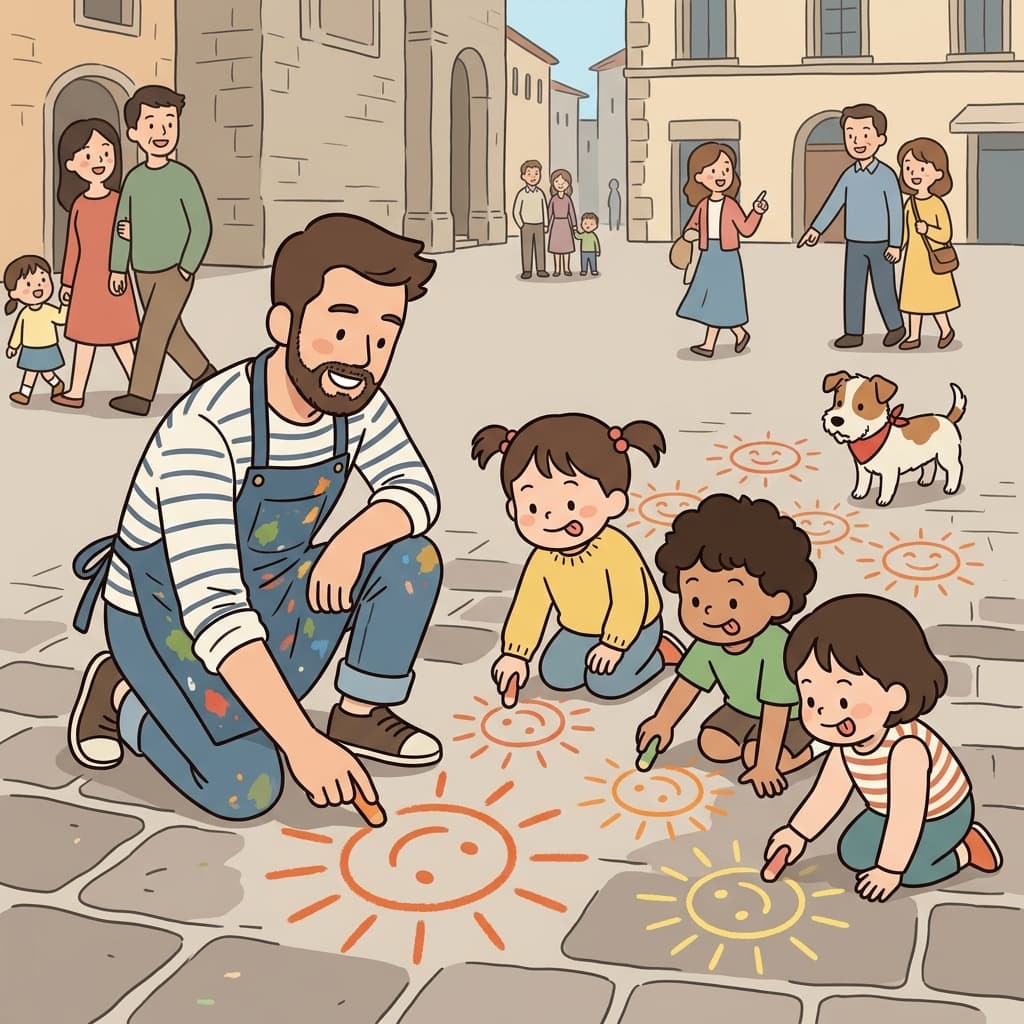 The street artist's simple style is imitable, so kids quickly copy his chalk drawings.
