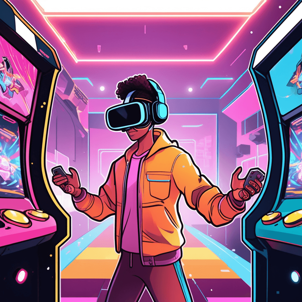 a young person wears a large VR headset while holding motion controllers in both hands. Their body moves naturally as they reach and gesture in response to what they see in the virtual world. The person appears completely unaware of the real world around them, lost in their digital experience. Their friend tries to get their attention by waving and calling out, but receives no response. Other arcade visitors stop to watch the absorbed player's animated reactions to their virtual environment. The VR player continues moving and reacting intensely to invisible virtual objects. someone providing deep mental involvement and complete absorption in an activity