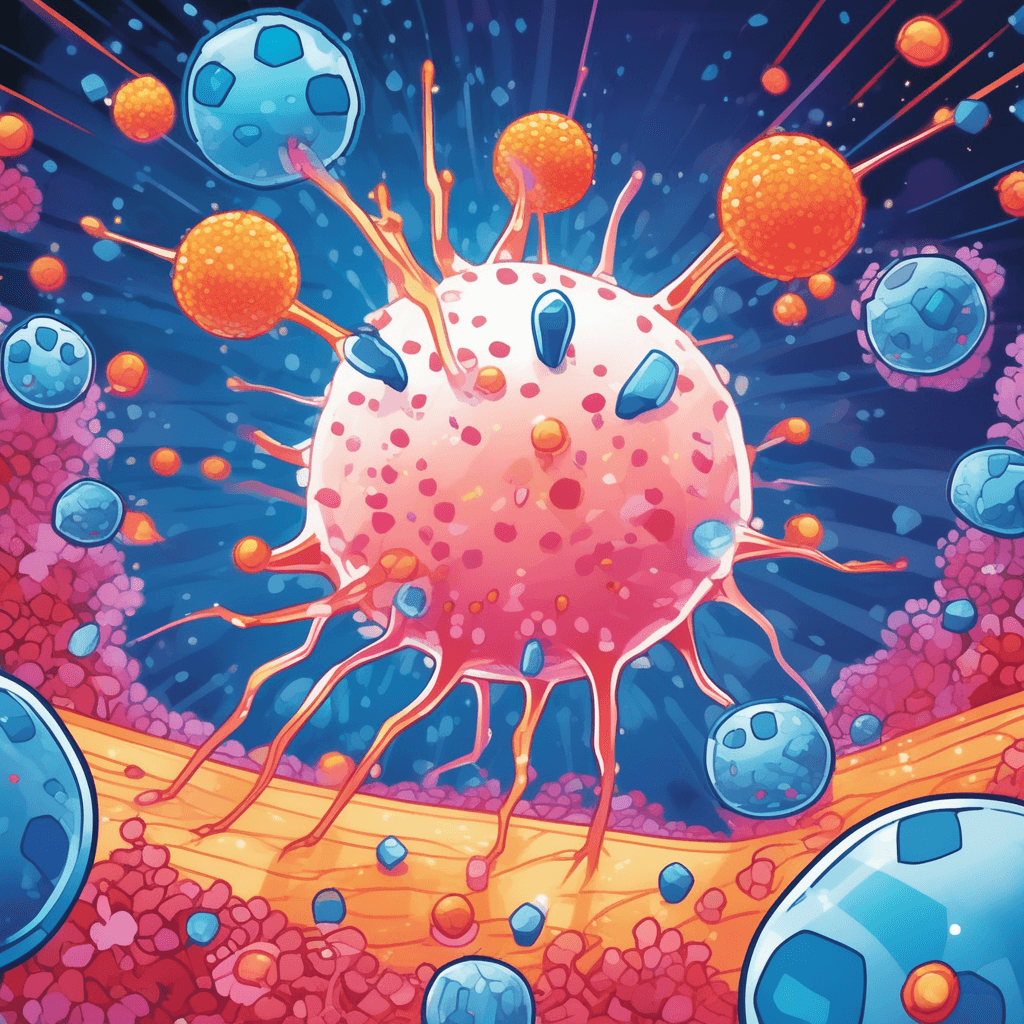 A immunology illustration showing white blood cells defending against viral pathogens