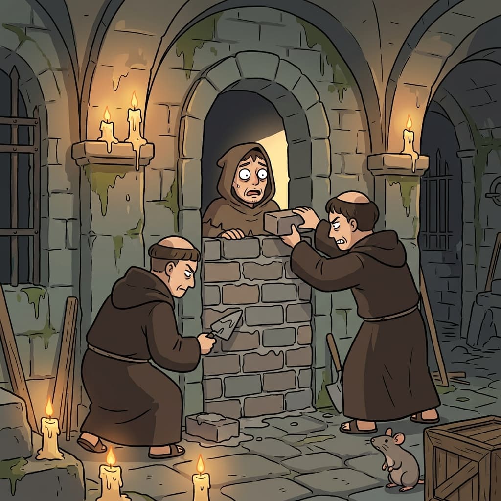 The monks immure the traitor behind a fresh stone wall in the abbey crypt.