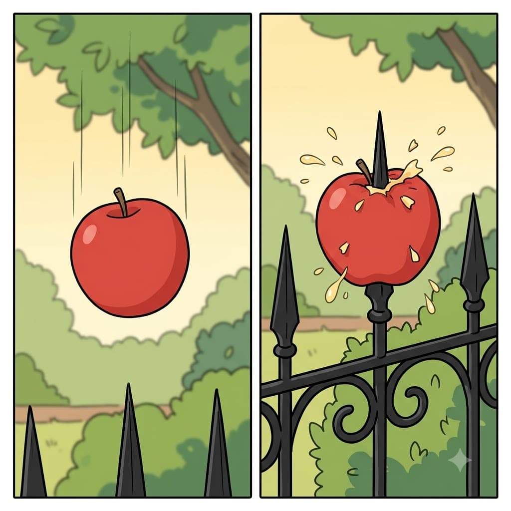 Falling from the tree, the smooth red apple was violently impaled on the sharp iron fence.