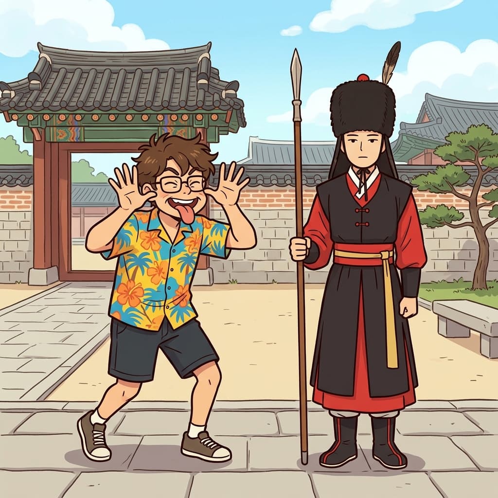 The royal guard remained completely impassive while the tourist made funny faces.