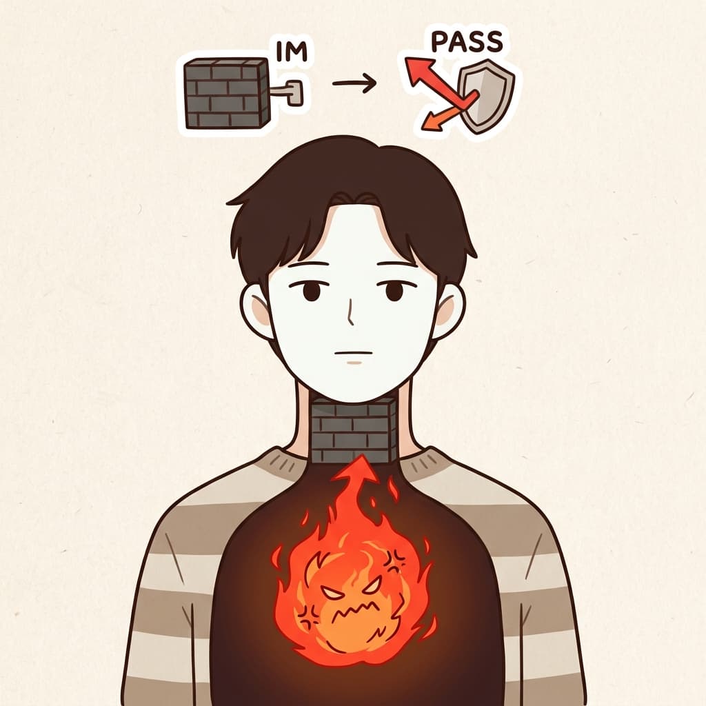 IM(not) + PASS(pass) — he did NOT let any emotion PASS through to his face, remaining totally impassive.