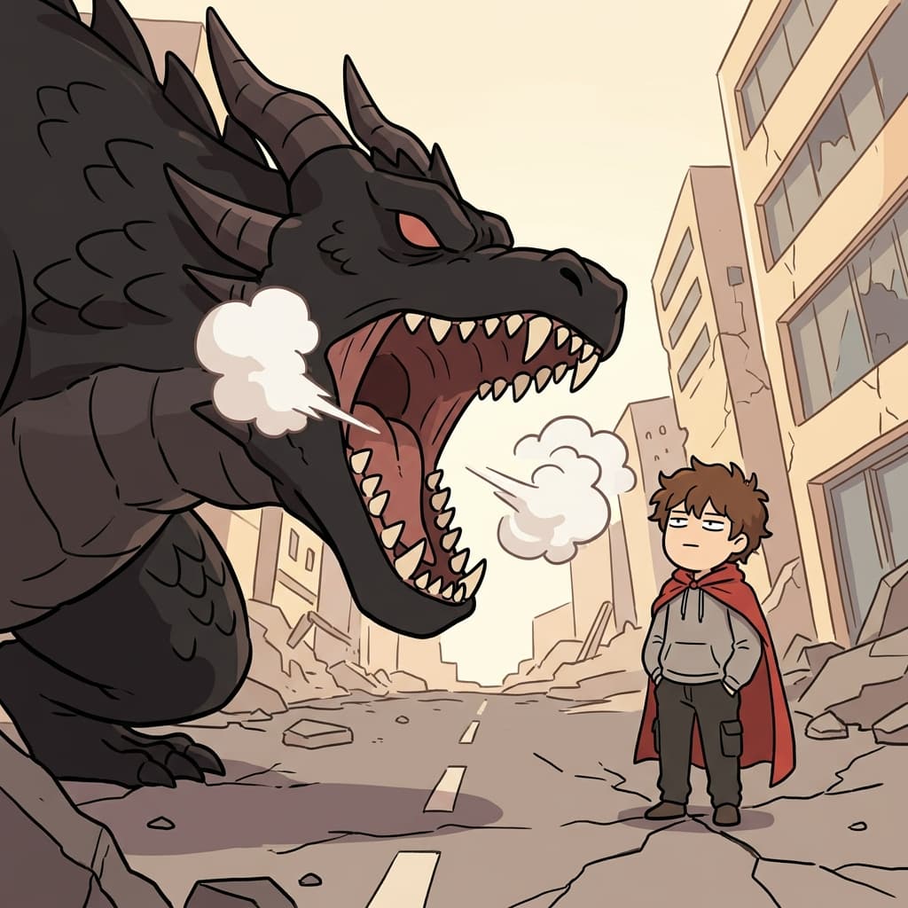 Standing directly in front of the massive monster, the hero surprisingly remained completely impassive.