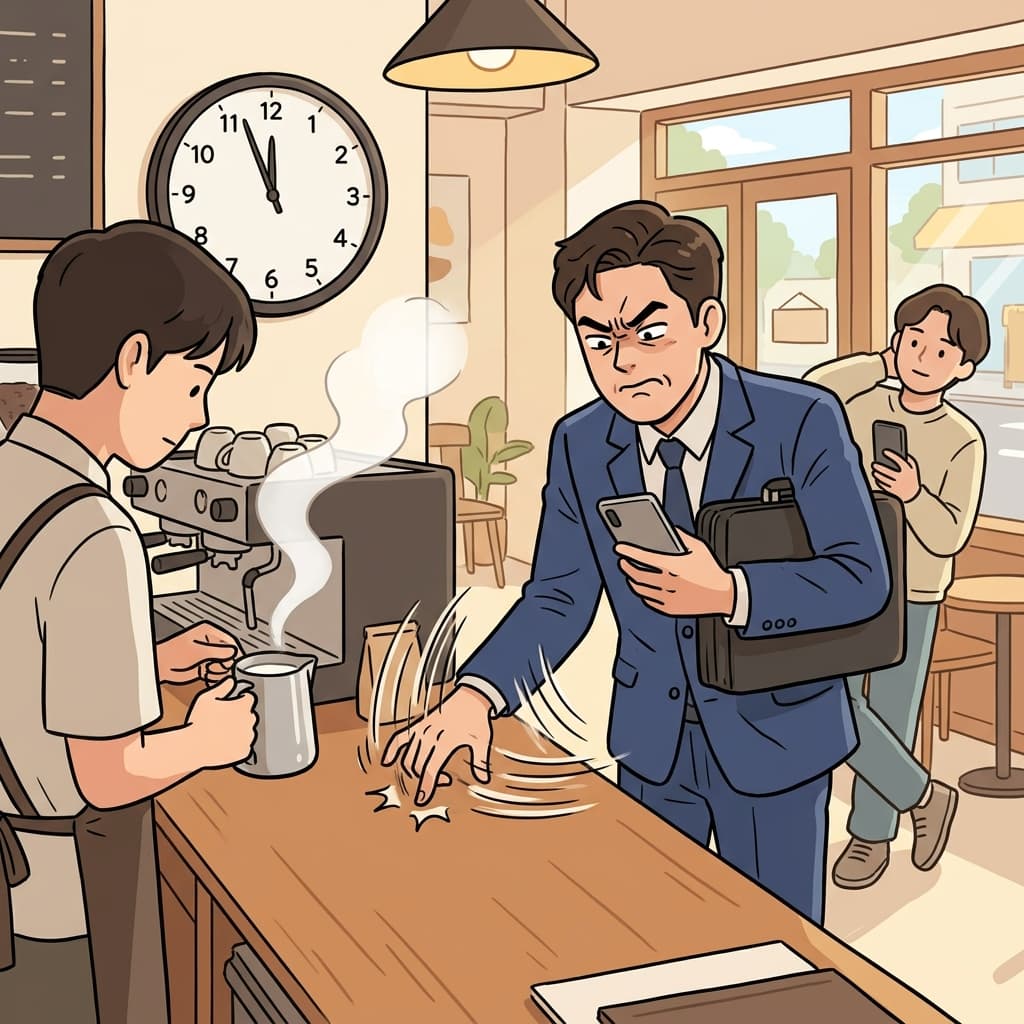 The impatient customer taps his fingers as the barista slowly prepares his coffee.