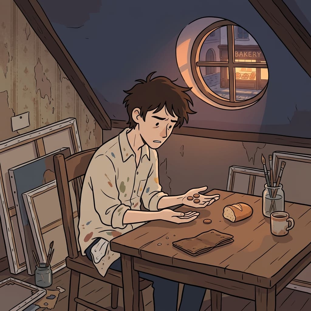 The impecunious painter counts his last coins before buying bread.