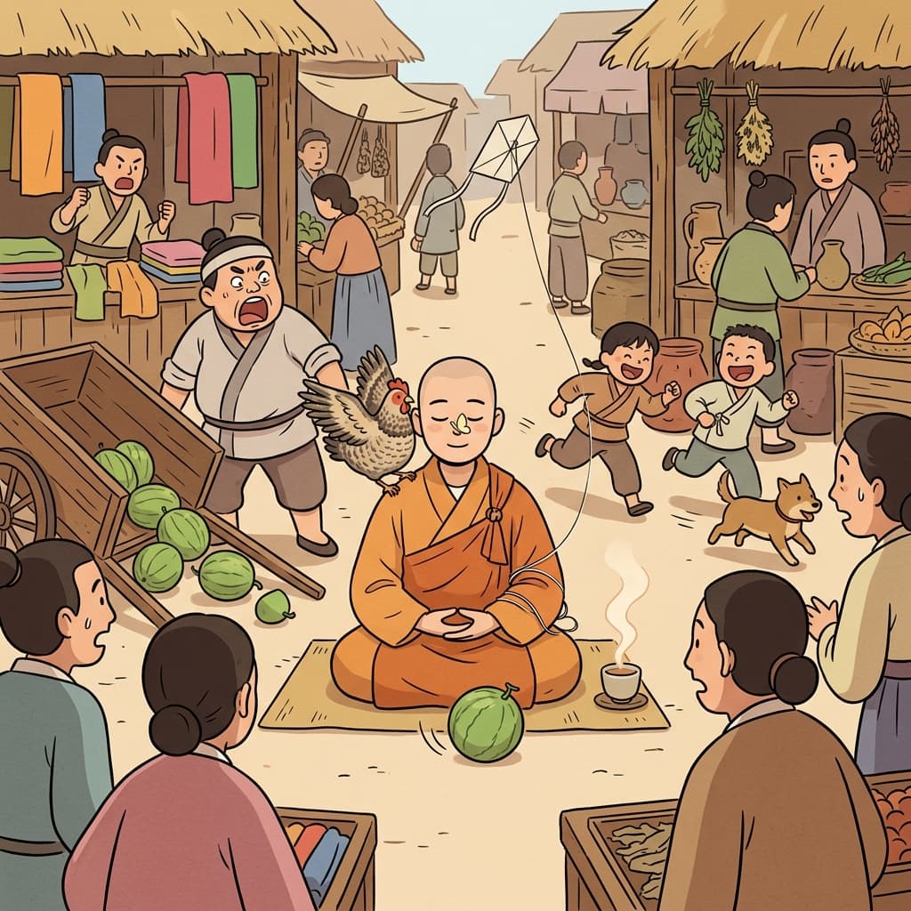 The monk stays imperturbable while chaos erupts all around him.