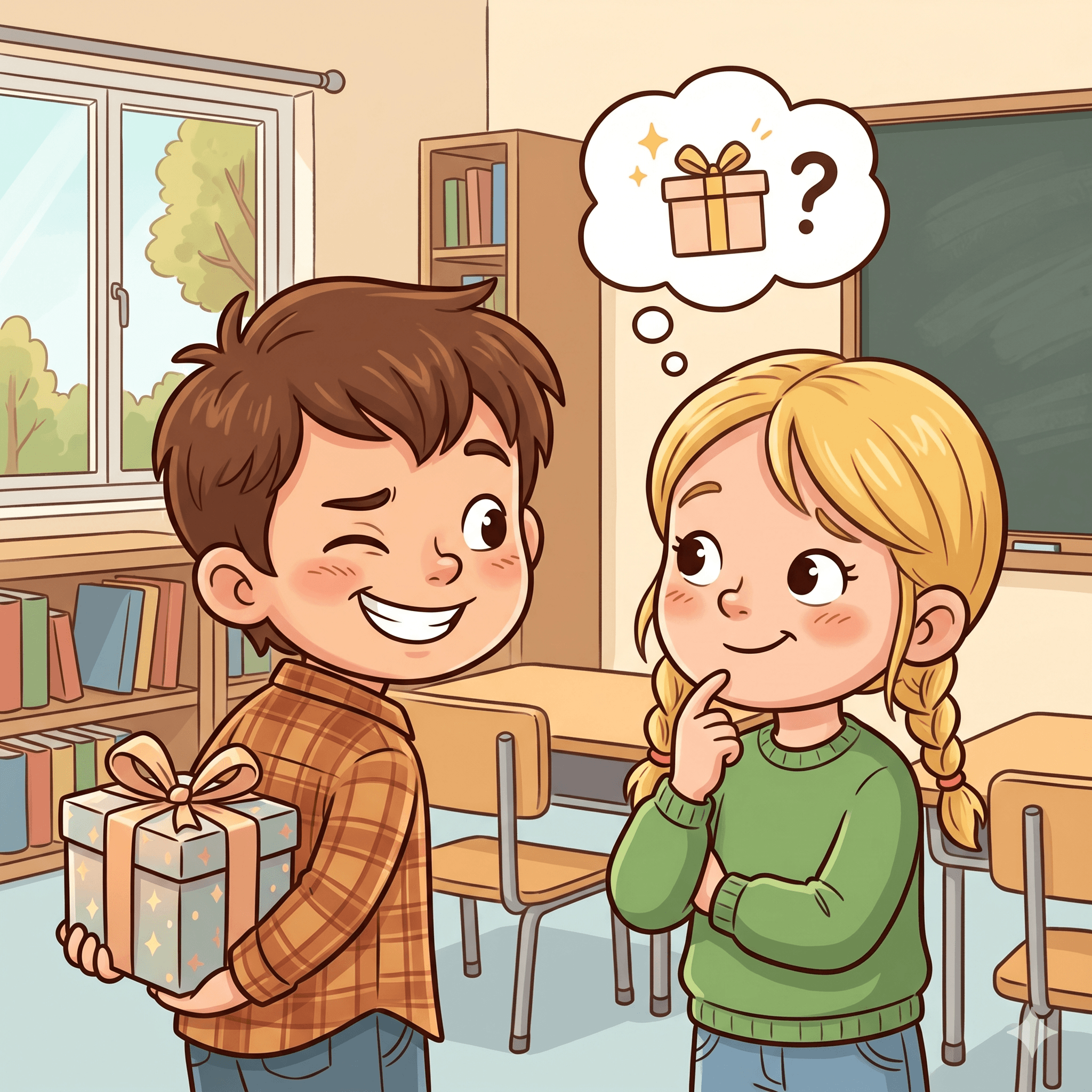 A wink and a hidden gift behind the back carry an implied surprise.