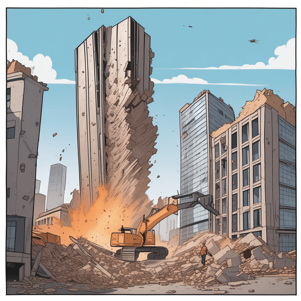 a tall concrete building suddenly collapses inward on itself in a controlled demolition. The walls and floors crush downward and inward as the structure loses all support. What was once a solid building becomes a pile of rubble in seconds. Dust and debris shoot outward from the collapse point. Construction workers and observers stand at a safe distance, watching the complete destruction. Some cover their faces from the dust cloud while others point at the dramatic failure. the building imploding violently inward and breaking down completely