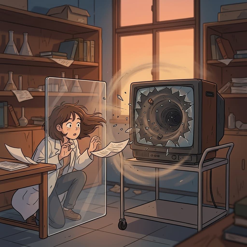 The old TV's implosion sent a shockwave of dust inward through the abandoned lab.