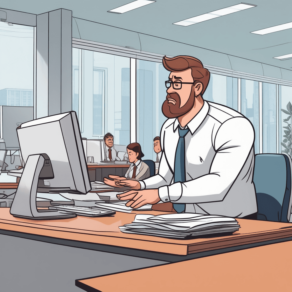 an employee leans over their boss's desk with both hands planted firmly on the surface, speaking intensely with an urgent expression. The employee points repeatedly at a document while maintaining aggressive eye contact with the boss. The boss leans back in their chair with a frustrated expression, holding up one hand defensively while looking annoyed. Papers are scattered across the desk from the employee's insistent gesturing and repeated attempts to get attention. Other office workers in the background glance over with uncomfortable expressions at the tense interaction. The employee continues talking without pause, clearly not accepting the boss's reluctant body language. someone persistently asking for something in an urgent and annoying way