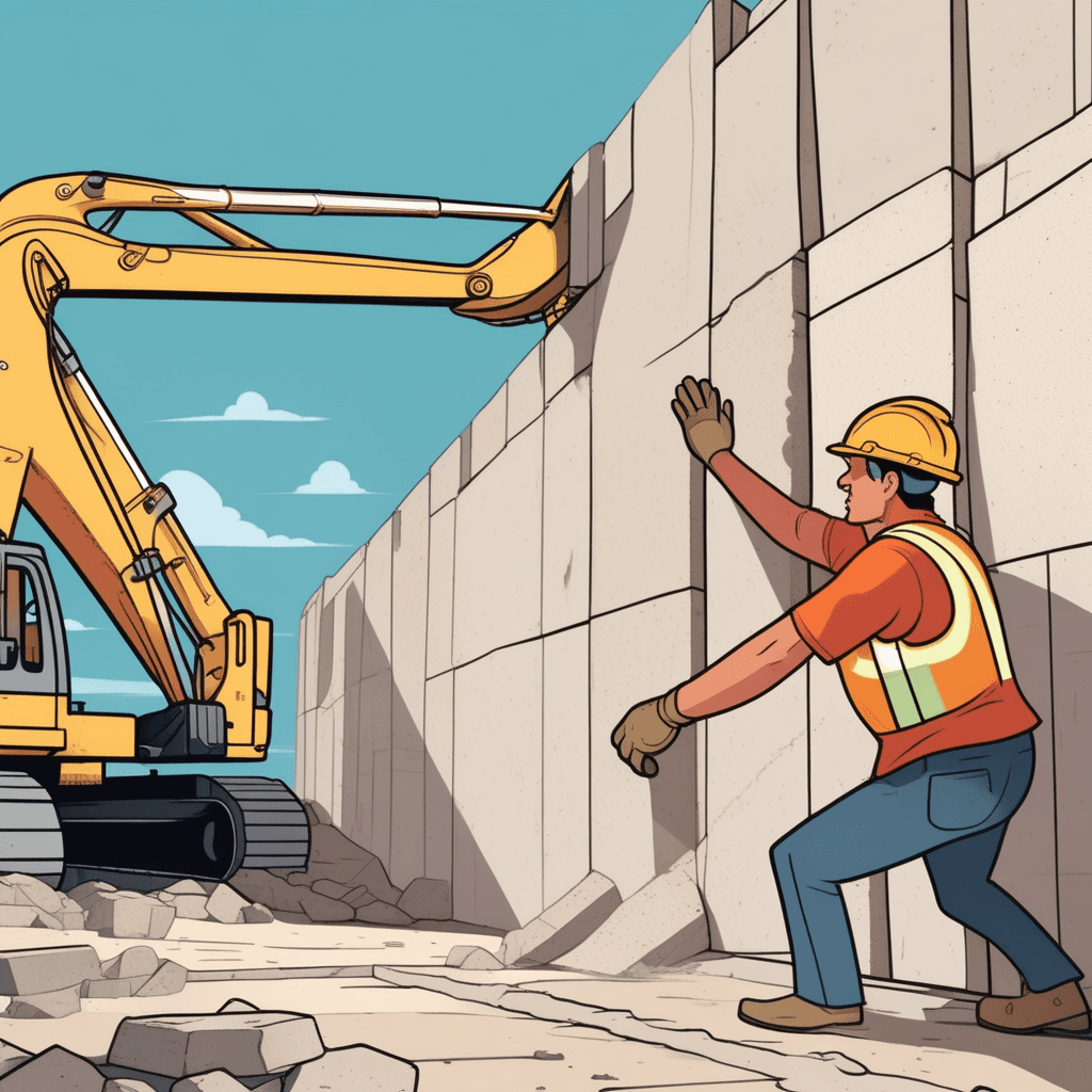 A worker attempts the impossible task of moving a massive wall