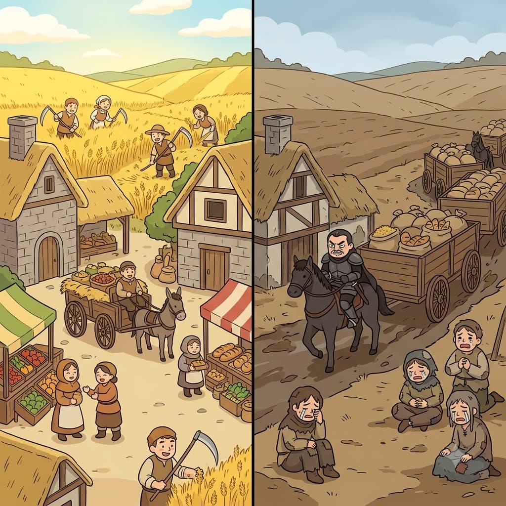 The once-wealthy village was left impoverished after the greedy dictator took all its crops.