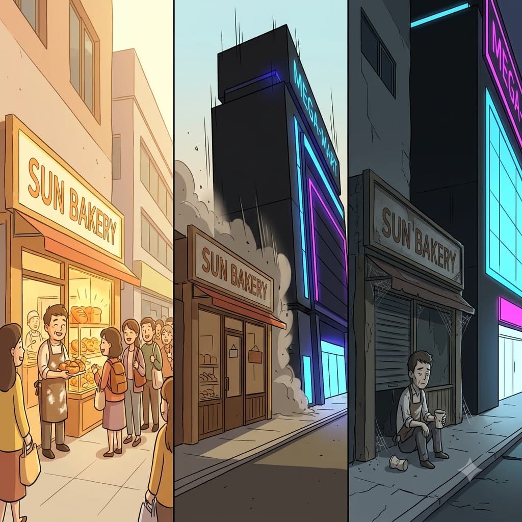 The small bakery once flourished, but the giant mega-mart left it impoverished by taking all its customers.