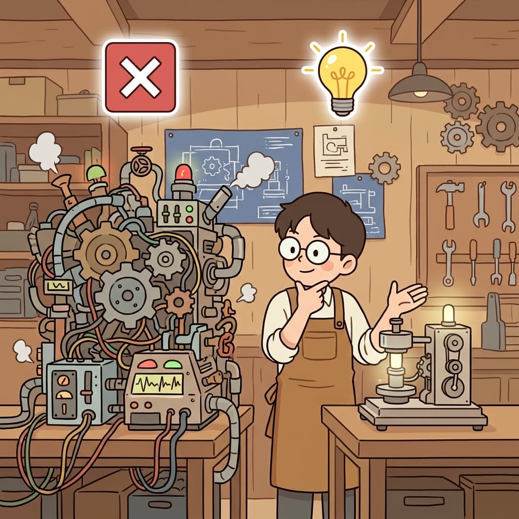 The inventor abandoned the impractical design and chose a simpler one. (❌ Not Practical + 💡 Realistic Solution → Impractical)