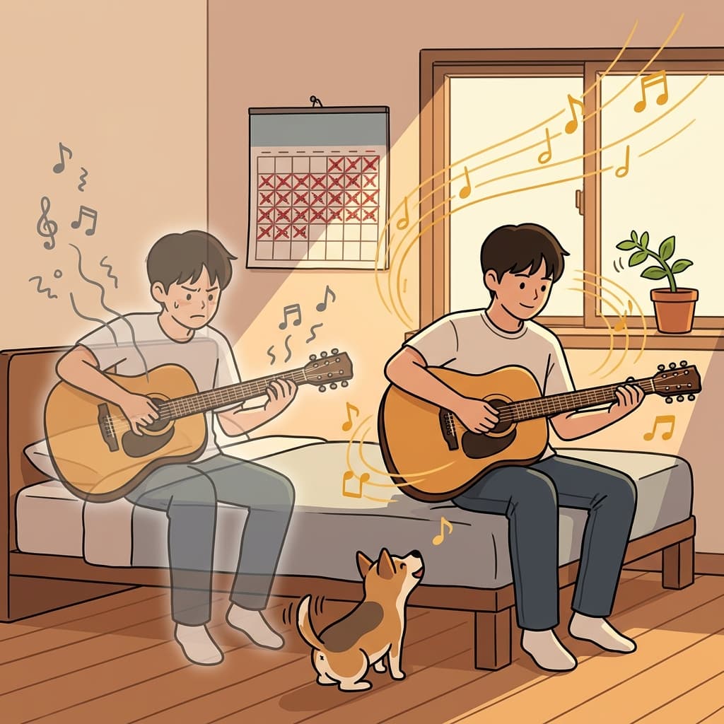 Daily practice helped him improve his guitar skills dramatically.