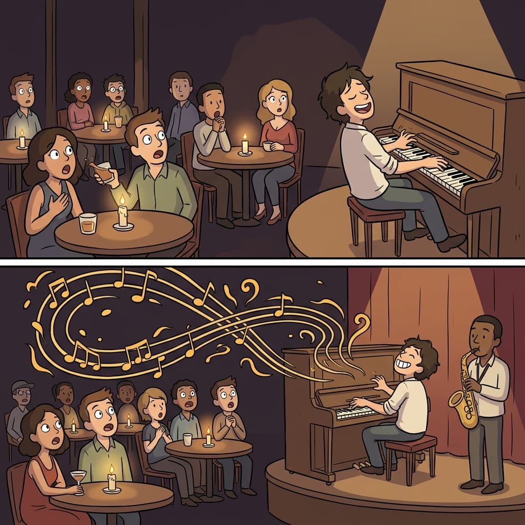 The jazz pianist's improvisational solo turned a quiet bar into pure magic.